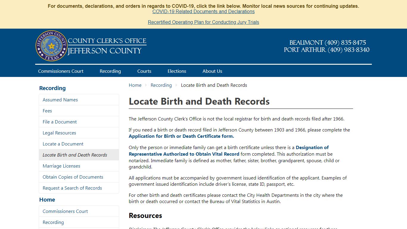 Locate Birth and Death Records - Jefferson County, TX ...